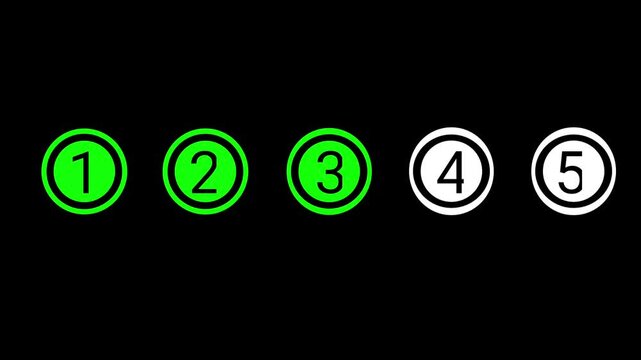 Circle buttons numbered one to five turning green sequentially on a solid black background.