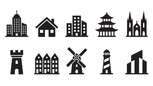 City Landmarks, Building Icons, Architecture Symbols, 10 Black Silhouette Graphics
