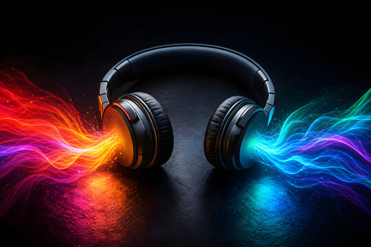 Synesthesia, hearing in colour, saturated light pouring from a pair of headphones