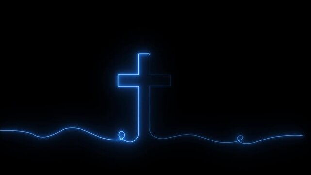 Bright glow flickering neon cross icon. Christianity symbol. Motion graphic video animation. Christian Cross Symbol Animation of an ultra hd christian cross with blue flame