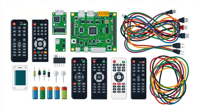 electronic components and gadgets assortment including remote controls circuit boards wires batteries and sensor devices for technology and electronics projects