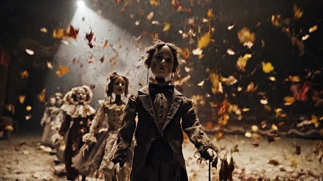 Eerie Haunted Circus Dolls Under Falling Leaves and Spotlight