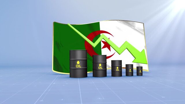 Algeria Crude Oil Price Drop with Oil Barrels Downward Green Arrow and 3D Financial Data Visualization Graphs for Economy and Business Concept