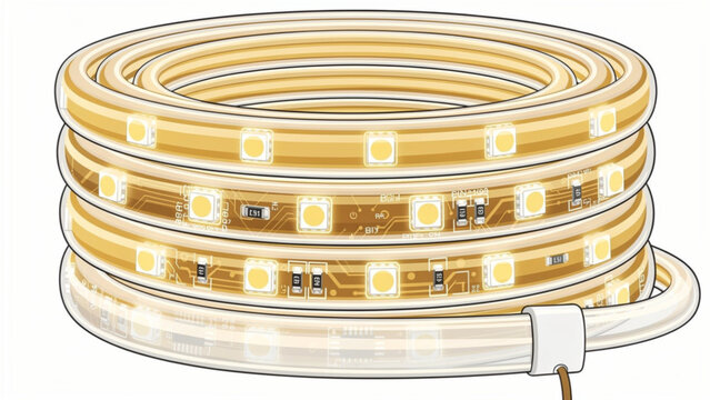 Flexible LED strip light coiled gold white color with embedded bright diodes for decorative and accent lighting