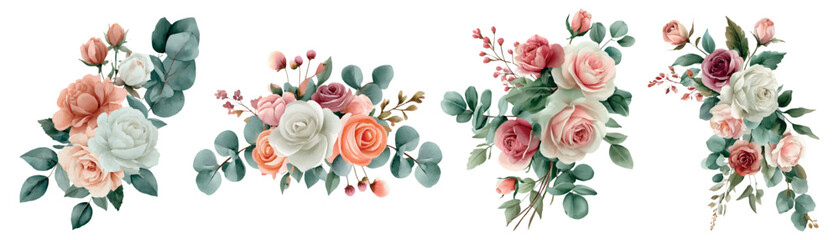 Collection of soft watercolor floral arrangements portraying various rose blooms alongside eucalyptus foliage and berries, forming delicate clusters for botanical design © Mari