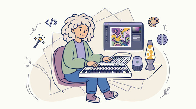 Young person designs graphics on computer with magic wand and lava lamp while coding and thinking