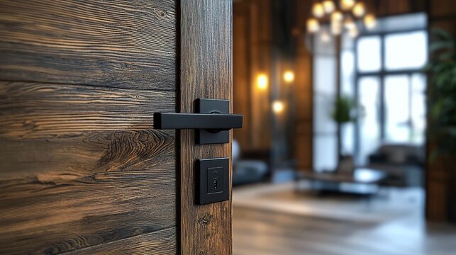 Sleek matte black door handle enhances modern industrial design of dark oak door