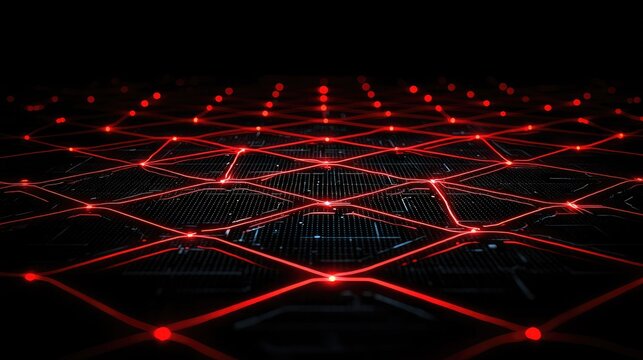 Abstract Digital Network Grid with Red Glowing Data Connections