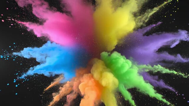 Holi festival inspired multi-color powder burst with epicenter at exact frame center, vibrant rainbow colors including magenta pink, electric blue, sunshine yellow, bright orange, lime green