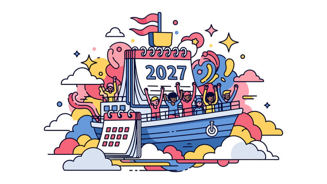 New Year Ahead: A stylized illustration depicts a ship with people celebrating on deck, sailing towards the year 2027, amidst colorful clouds and celestial elements.