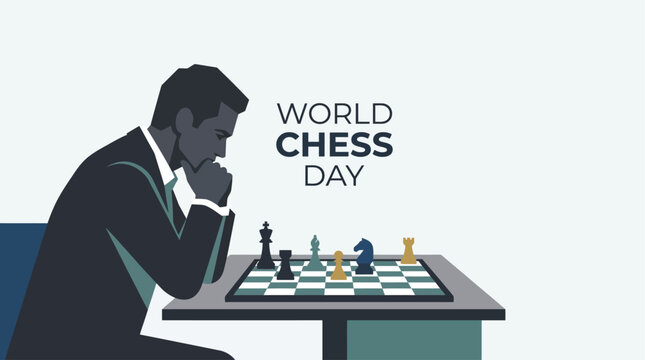 World Chess Day conceptual illustration featuring a professional thinker analyzing a complex board strategy for international tournament success