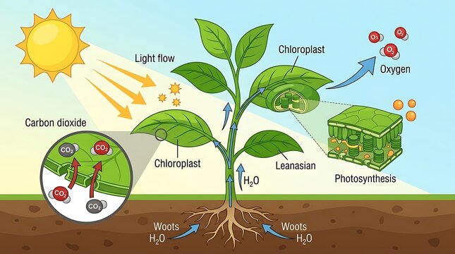 Photosynthesis diagram showing plant growth process with labels