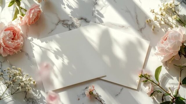 Blank white cards resting on a marble surface with soft flowers