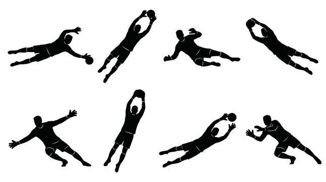 Collection of athletic soccer goalkeeper silhouettes performing dynamic diving saves and jumping catches in various dramatic poses for sports graphic design. Football pose PNG