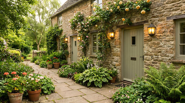 Charming Stone Cottage Garden british autumn leaves