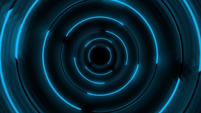 Glowing neon blue concentric circles rotating continuously to create a futuristic tunnel effect.