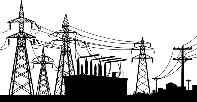 High voltage electrical substation silhouette with power lines, transmission towers, transformers, and distribution grid infrastructure for industrial energy supply design.