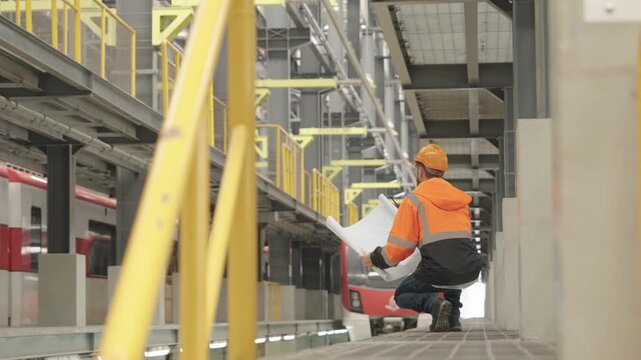Construction worker intently studies blueprint while kneeling on gray floor within sprawling industrial building filled with metal structures and construction machinery during project planning.