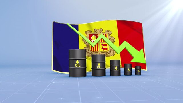 Andorra Crude Oil Price Drop with Oil Barrels Downward Green Arrow and 3D Financial Data Visualization Graphs for Economy and Business Concept