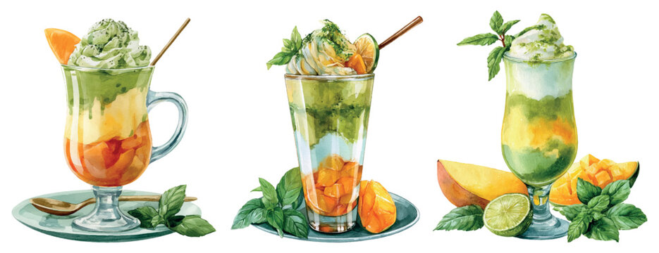 Refreshing layered matcha mango parfaits and smoothies, combining creamy green tea, sweet tropical fruit, whipped topping, and fresh mint on a white background