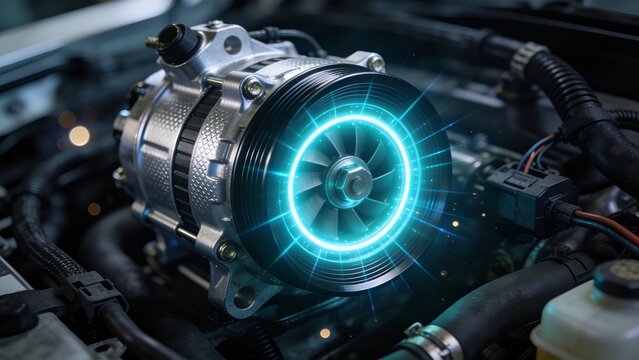 Detailed metallic car engine alternator featuring a vibrant glowing blue light ring effect highlighting the precision engineering of automotive components inside a modern motor vehicle compartment.