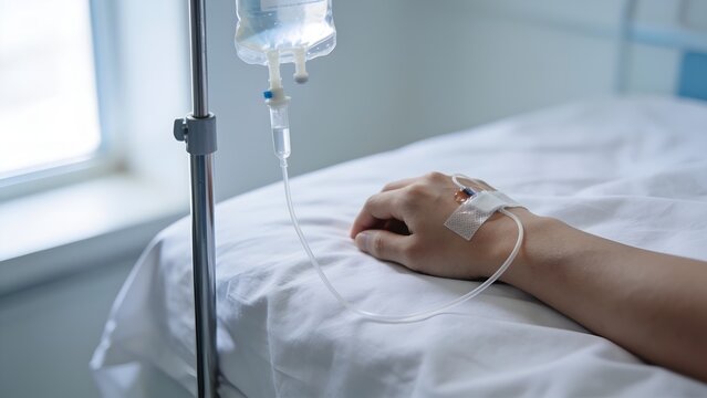 Close up of a patient hand resting on a hospital bed with a clear saline intravenous drip bag connected to a plastic tube for medical treatment