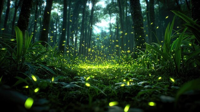 Magical Fireflies Glowing in a Lush Enchanted Forest at Night