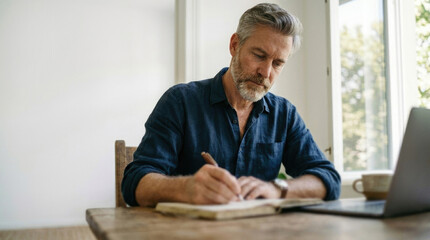 Fototapeta premium Focused middle aged man taking notes in journal while working at home desk