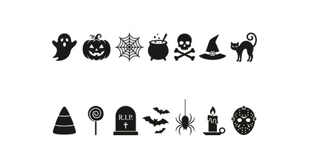 Obraz premium Halloween Icons Collection Black Silhouettes On White Background