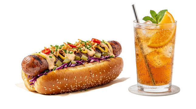 Gourmet grilled hot dog with premium toppings and iced tea, delicious fast food meal on white background, artisanal sausage sandwich with cold drink