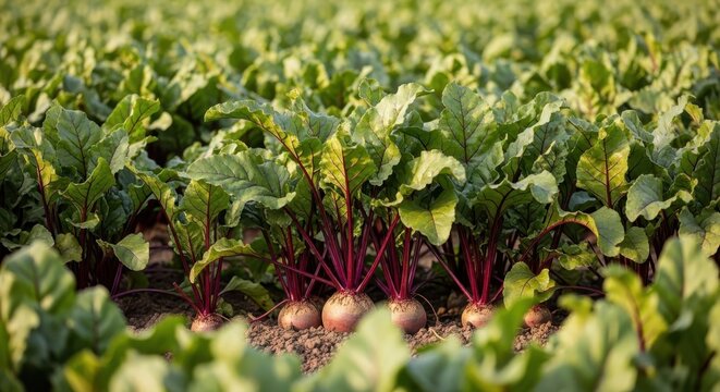 A dense field of young beetroot plants with vibrant green leaves and emerging red roots growing in fertile soil under natural sunlight.