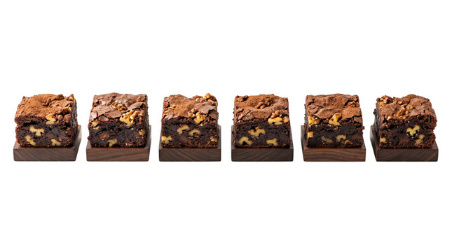 Chocolate walnut brownies in a row, gourmet fudge brownie squares with nuts, decadent dark cocoa dessert pieces isolated on white background
