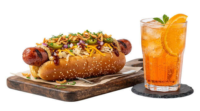 Gourmet grilled hot dog with jalape&ntilde;os and cheddar cheese, loaded beef sausage on sesame bun, refreshing orange cocktail with ice