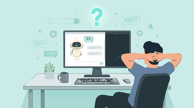 Programmer contemplating code and AI chatbot interaction on computer