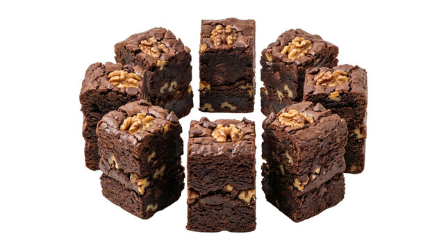Chocolate walnut brownies arranged in a circle, gourmet fudge brownie squares with nuts, delicious dark cocoa dessert isolated on white background