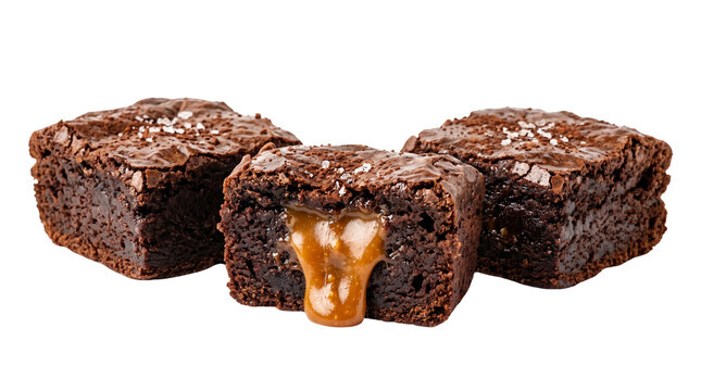 Salted caramel brownies with gooey liquid center, decadent chocolate fudge dessert squares, homemade dark cocoa treats isolated on white background