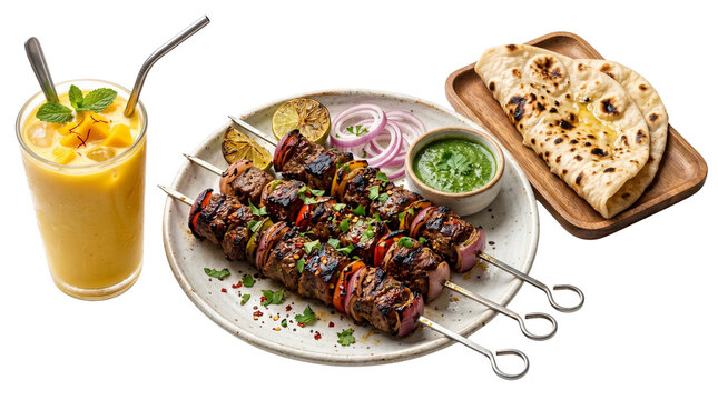 Grilled beef kabobs with mango lassi and naan bread, roasted meat skewers with chutney and red onion, traditional Indian meal on white background