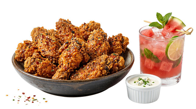 Crispy fried chicken wings in a dark bowl, refreshing watermelon cocktail with lime and mint, creamy dipping sauce on white background