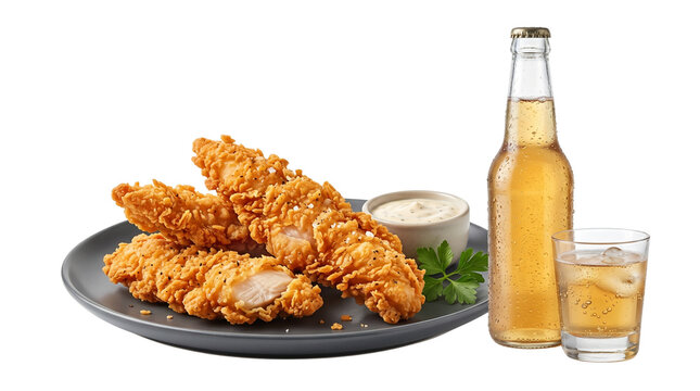 Crispy fried chicken tenders on a dark plate, golden breaded chicken strips with dipping sauce, cold beer bottle and glass on white background