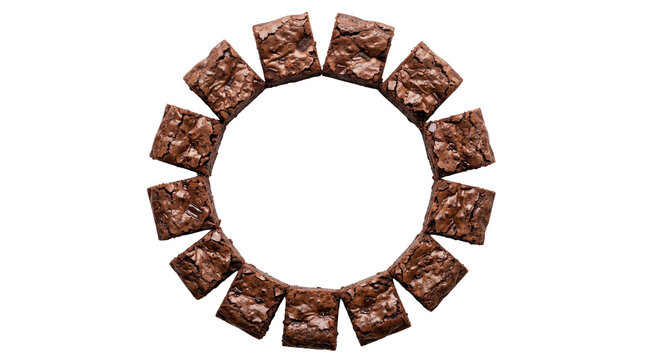 Chocolate brownie squares arranged in a circle, delicious fudge brownie pieces on white background, gourmet cocoa dessert bites