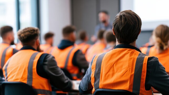 Workers in safety vests attending corporate training session in a modern office