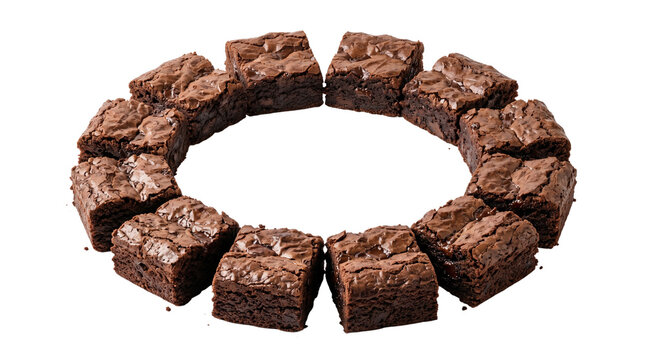 Chocolate brownie squares arranged in a circle, fudgy dark cocoa cake bites on white background, gourmet dessert pieces for bakery menu