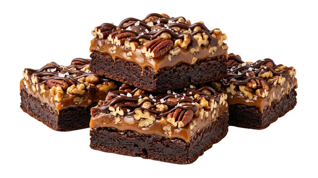 Gourmet turtle brownies with salted caramel and pecans, decadent chocolate fudge squares with walnuts, sweet bakery dessert isolated on white