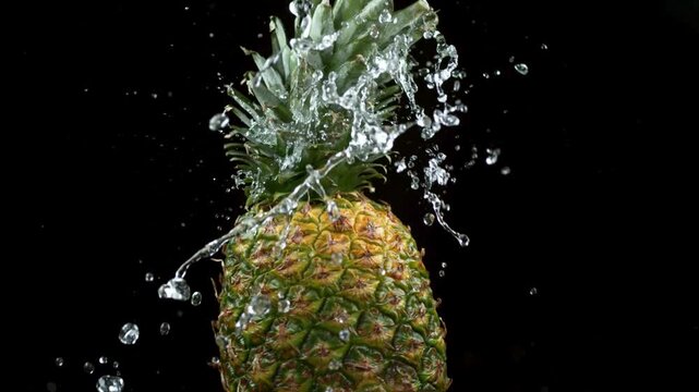 Fresh ripe pineapple dropping into clear water, dramatic splash and bubbles, isolated on a deep black background, high-speed slow motion look, vibrant yellow fruit with green 