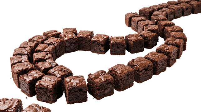 Chocolate brownie bites arranged in a long winding path, delicious fudge cake cubes on white background, sweet cocoa dessert pieces