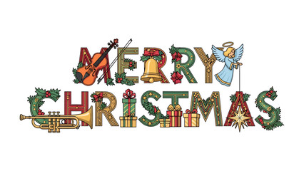 Fototapeta premium Merry Christmas Artistic Typography: Festive letters spell out Merry Christmas, adorned with holiday symbols like a violin, trumpet, gift boxes, bell, and an angel.