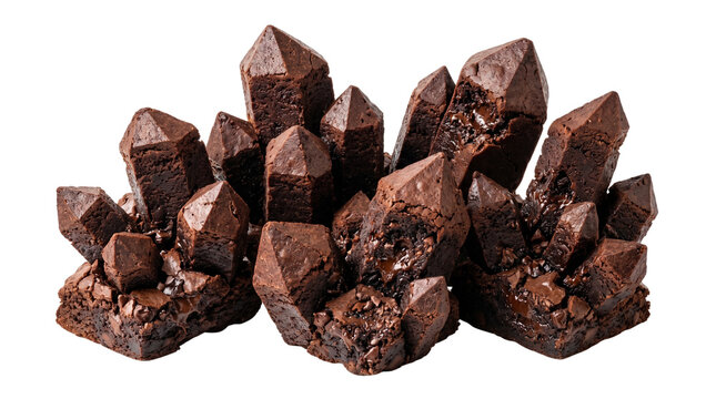 Chocolate brownie crystal cluster, dark cocoa fudge dessert sculpture, gourmet chocolate geode mineral formation isolated on white background