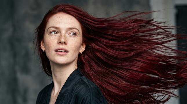 Portrait of woman with deep crimson hair, floating in the air. Her skin is pale with beautiful freckle patterns. Hair care and beauty concept for salon advertising and cosmetic products.
