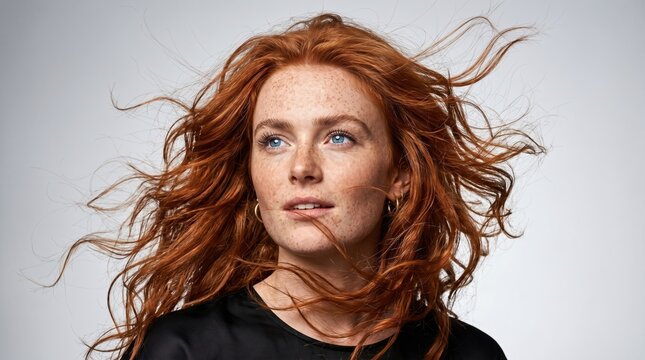Portrait of woman with long, wavy, flowing ginger hair blowing wildly around her face. She has prominent freckles across her nose and blue eyes. Light grey studio background.