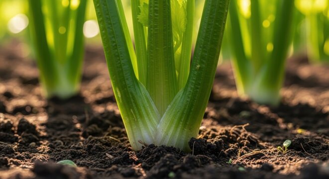 Close-up of fresh celery stalks emerging from rich soil, showcasing healthy plant growth in a garden setting.